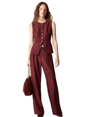 J. Crew Essential Wide Leg Pant in Textured Satin - Burgundy